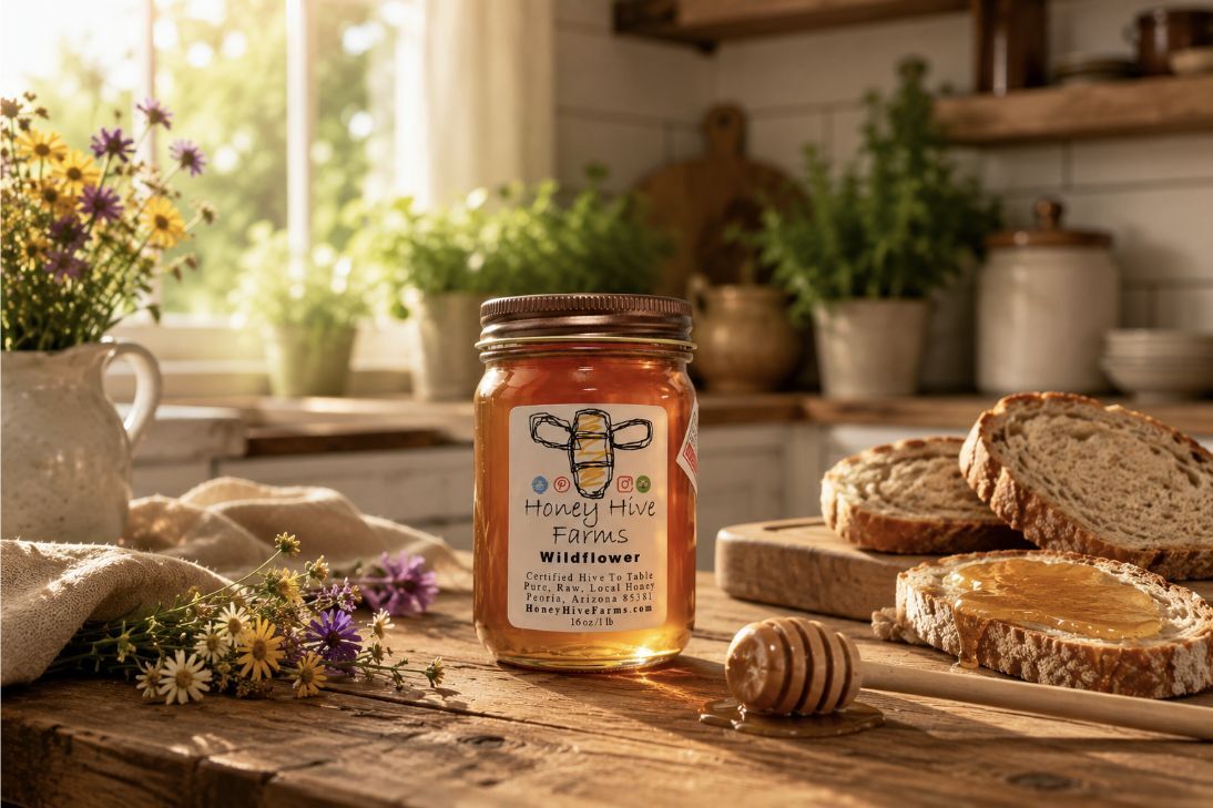 Honey Hive Farms honey jar with fresh bread on a kitchen table
