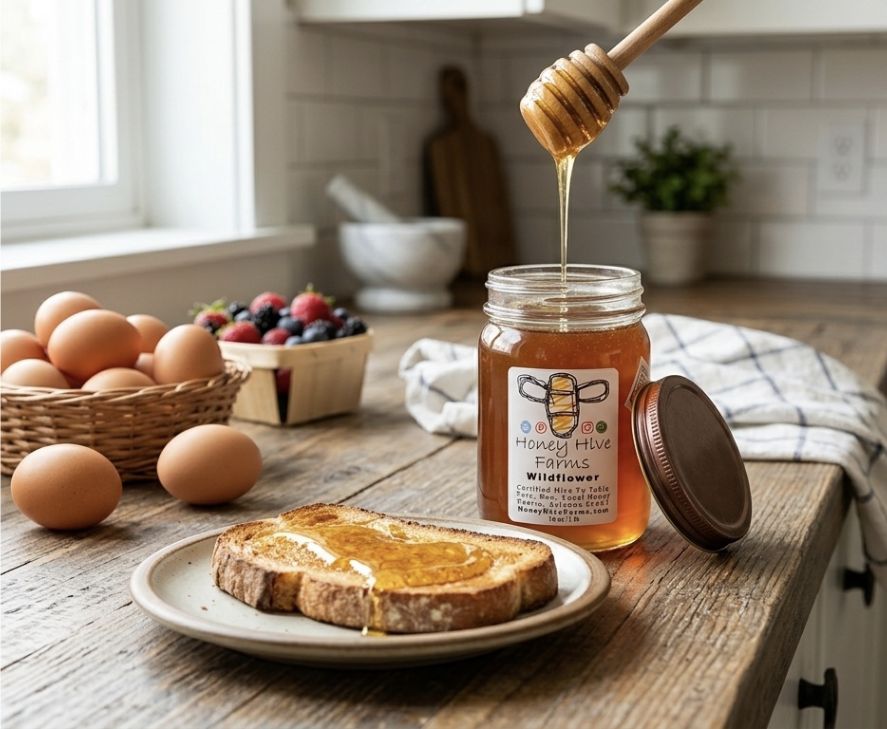 Honey Hive Farms wildflower honey beside breakfast toast